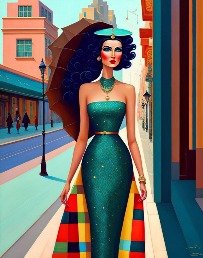 Illustrated woman with umbrella in stylish dress and jewelry on vibrant city street