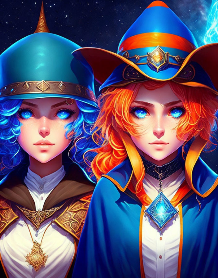 Stylized female characters with blue and orange hair in wizard attire