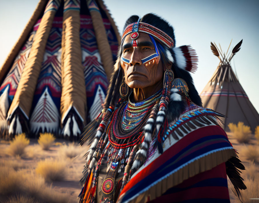 Native American in traditional clothing standing by teepees