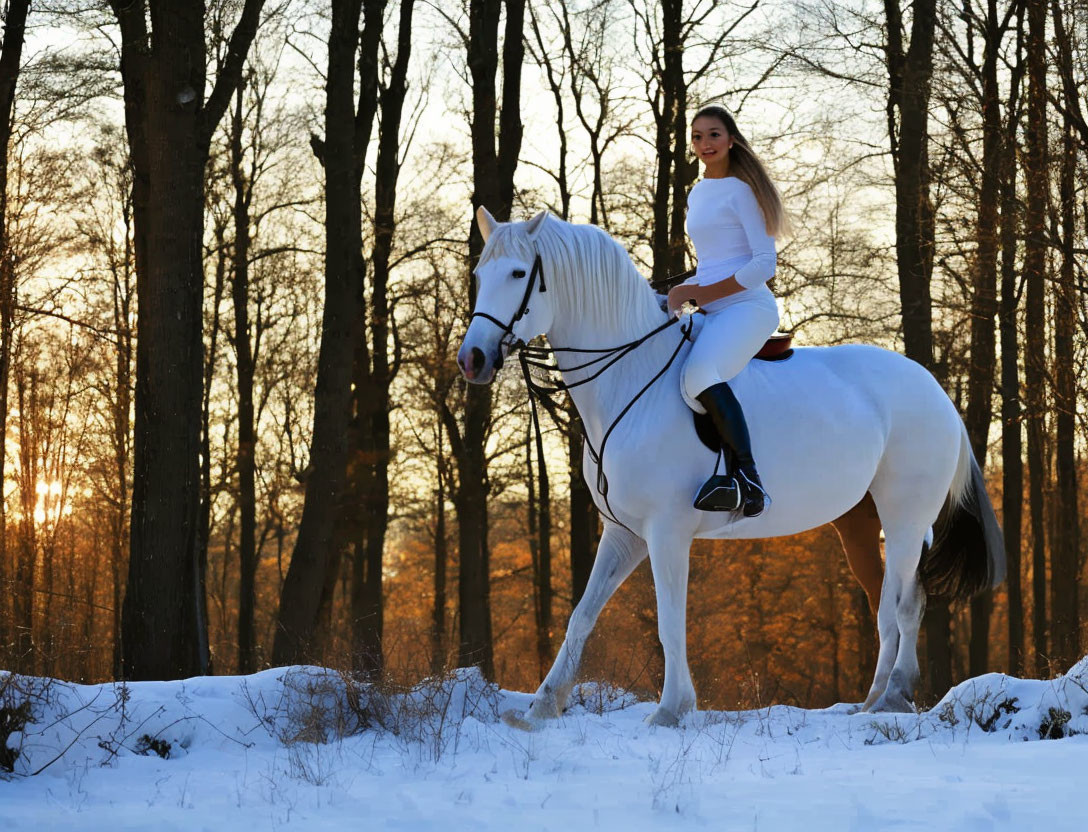 Woman on white horse in snowy forest at sunset