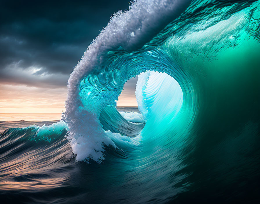 Ocean wave with hollow cylindrical shape in beautiful blue-green hues against dramatic cloudy sunset sky