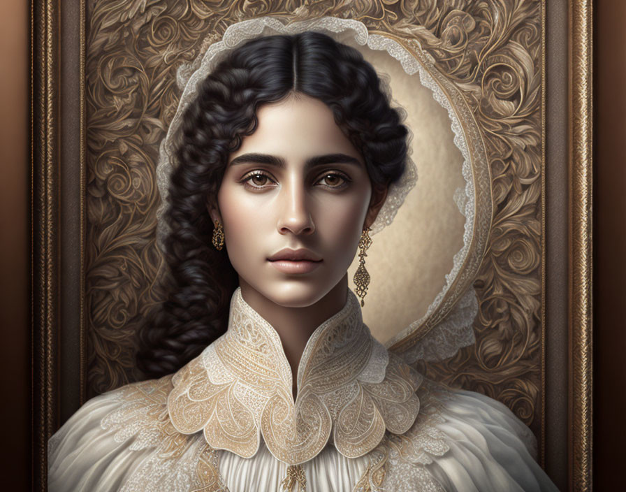 Portrait of woman with dark curly hair, lacy collar, earrings, and ornate frame