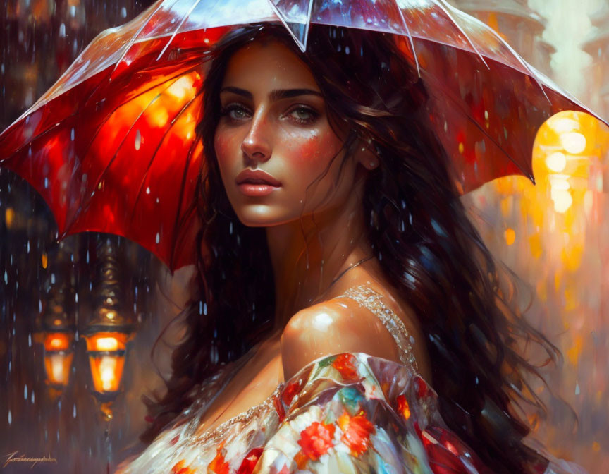 Dark-haired woman with captivating eyes holding umbrella in rain-drenched scene.