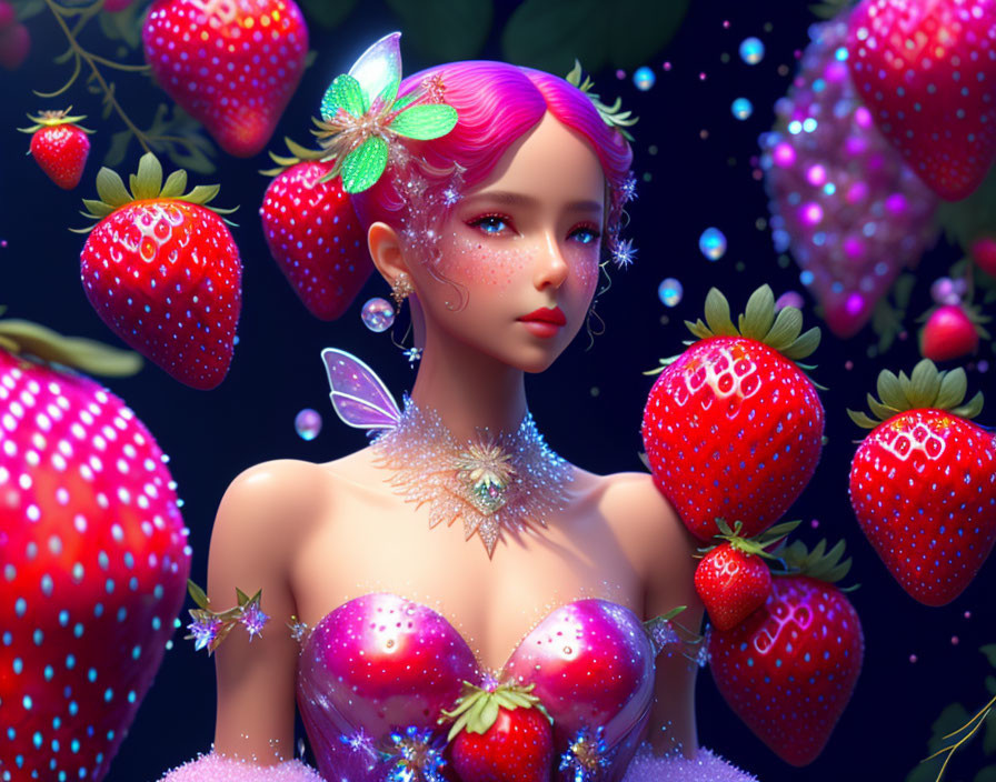 Fantasy portrait of female figure with pink hair, strawberry attire, fairy wings, surrounded by floating strawberries