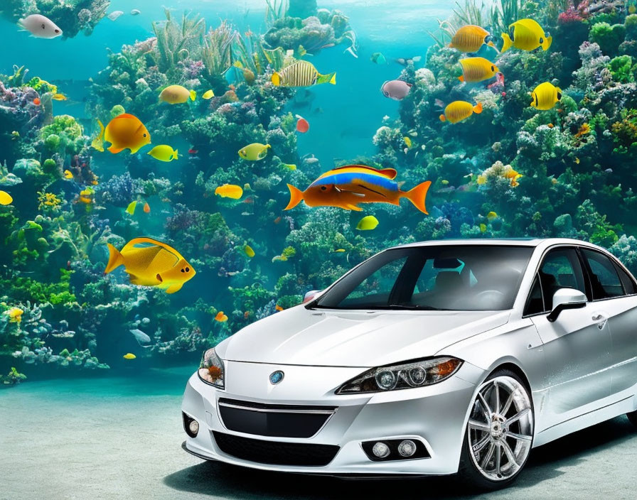 Silver Car in Vibrant Underwater Scene with Tropical Fish