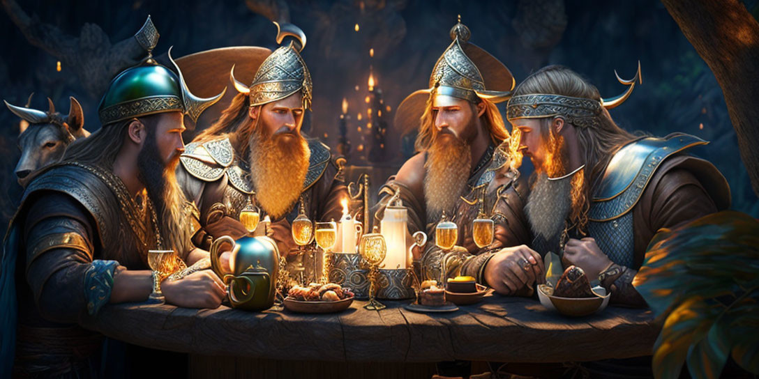 Medieval armor-clad figures in discussion at candlelit banquet table in mystical forest