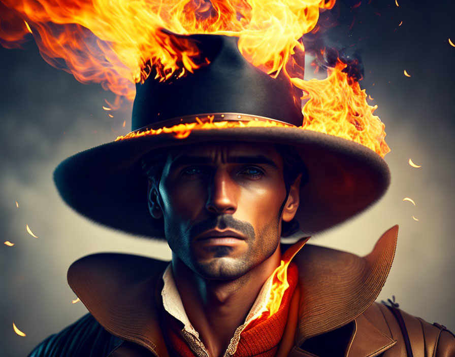 Man with stern expression wearing flaming hat in fiery background