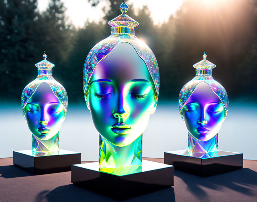 Three iridescent head sculptures with ornate caps displayed outdoors against a backdrop of trees.