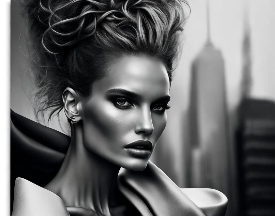 Monochrome portrait of woman with striking makeup and elegant updo hairstyle