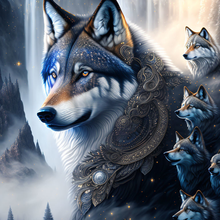 Detailed digital illustration of majestic wolf with blue eyes, surrounded by wolf figures, snowy mountain background