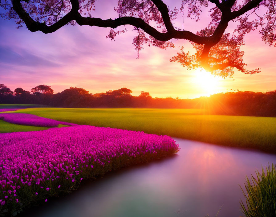 Colorful sunset scene with purple flowers, river, and tree