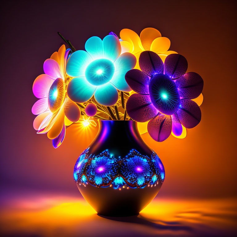 Neon-lit artificial flowers in reflective vase on purple-orange gradient.