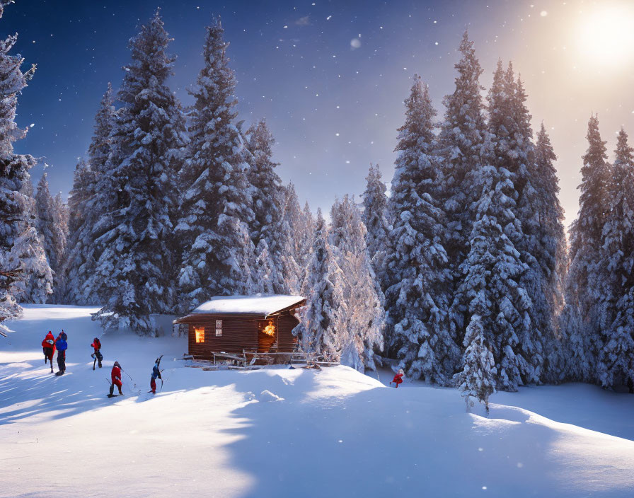 Snow-covered cabin and skiers in forest under winter sky