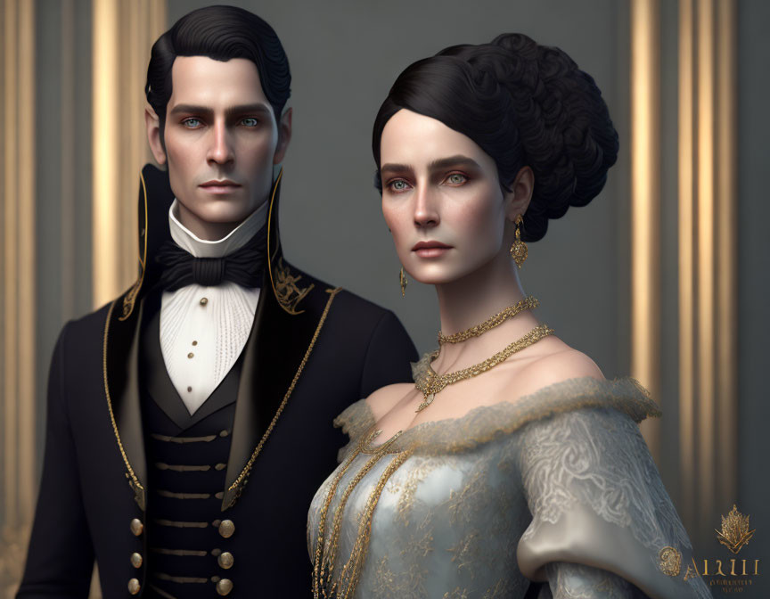 Victorian-era styled couple in black tailcoat and blue off-shoulder gown