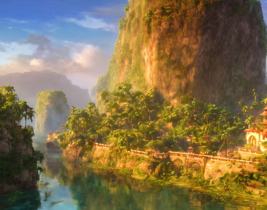 Tranquil tropical landscape with lush greenery, cliffs, river, village in morning light