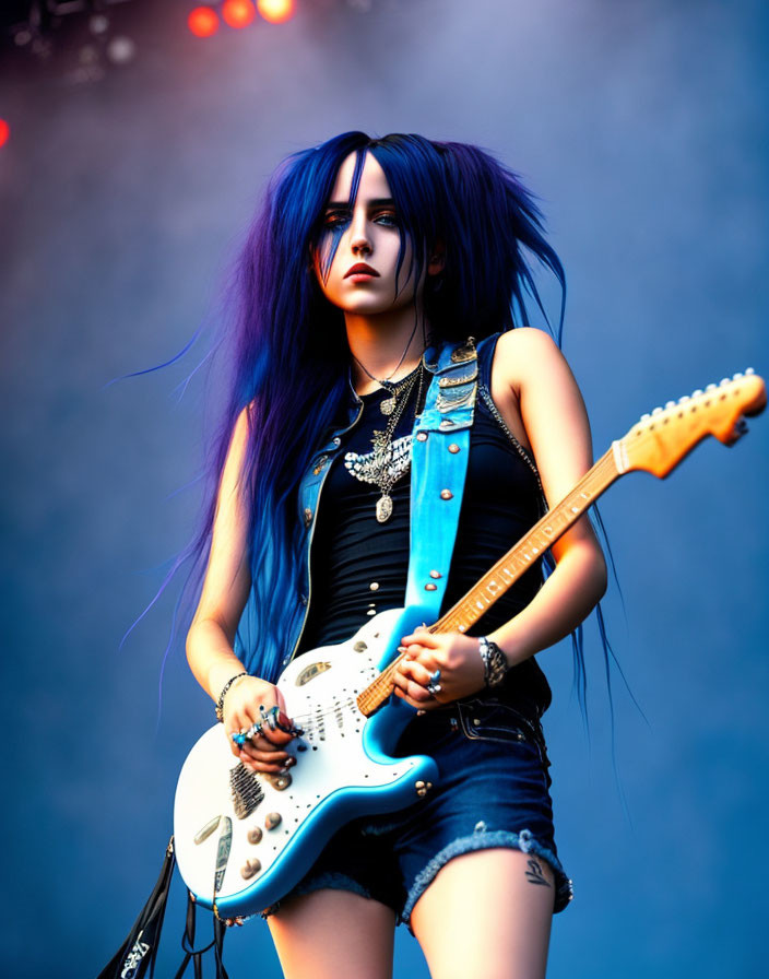 Blue-haired musician playing electric guitar in black attire on stage.