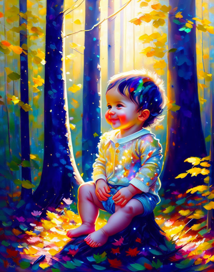 Colorful Baby Surrounded by Sunlit Trees and Falling Leaves