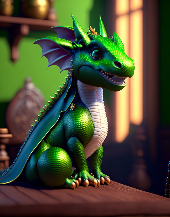 Green Dragon in Room with Wooden Furniture and Warm Light