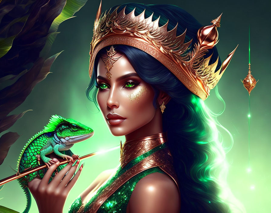 Fantasy woman with emerald eyes, crown, and chameleon in mystical setting