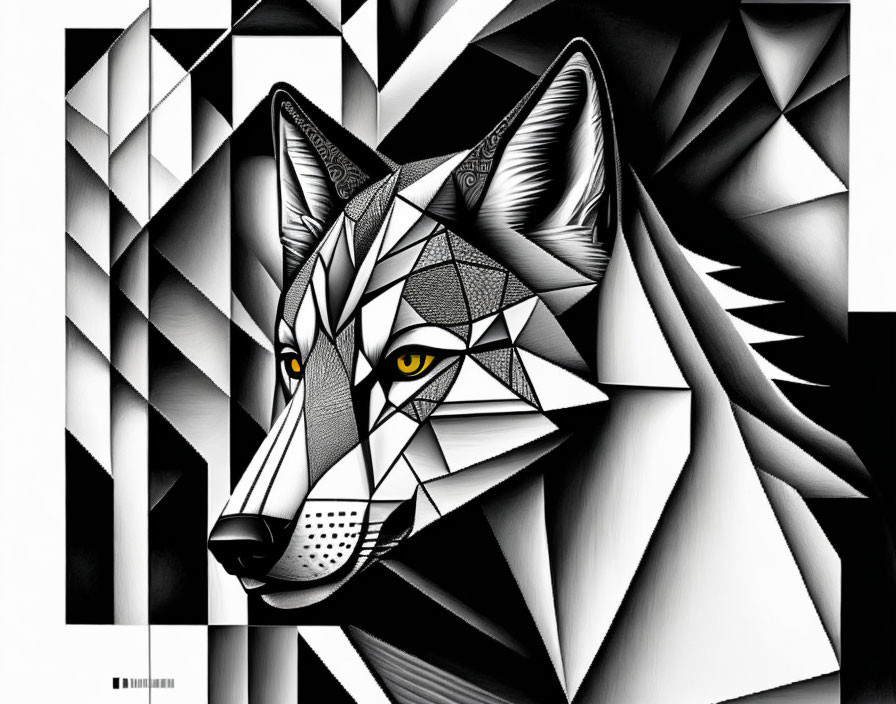 Geometric black and white wolf illustration with yellow eyes on abstract background