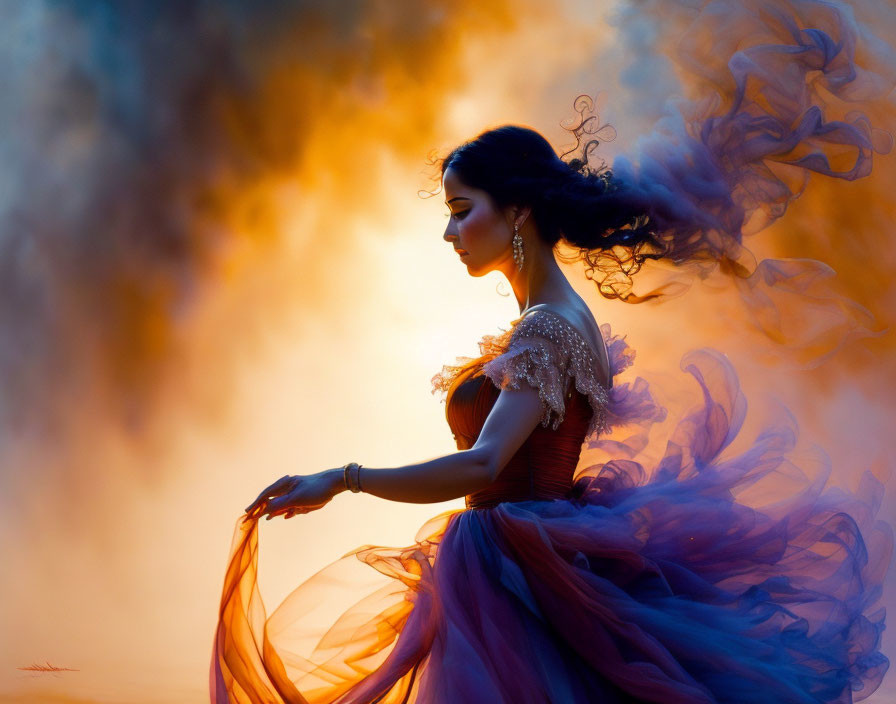 Woman in vibrant dress under dramatic sunset sky