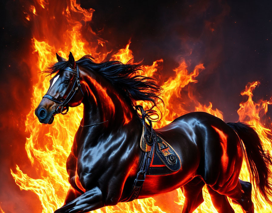 Black horse with glossy coat gallops amidst intense flames