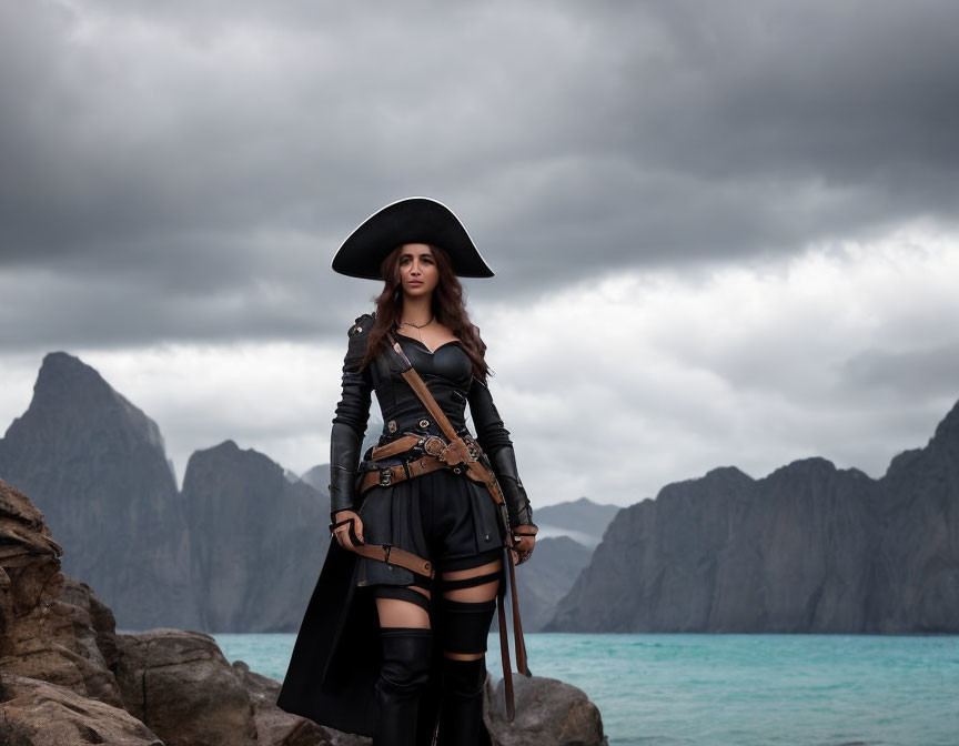 Person in pirate costume on rocky shore with stormy skies and mountains near teal sea