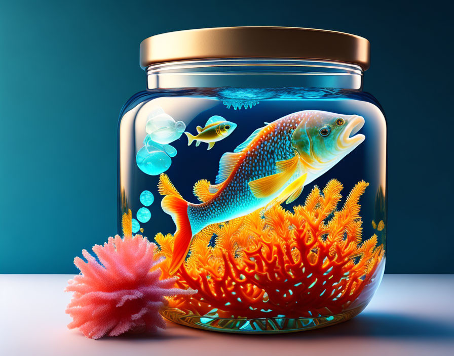 Vibrant digital artwork: Large fish, small fish in jar, coral, bubbles on teal background