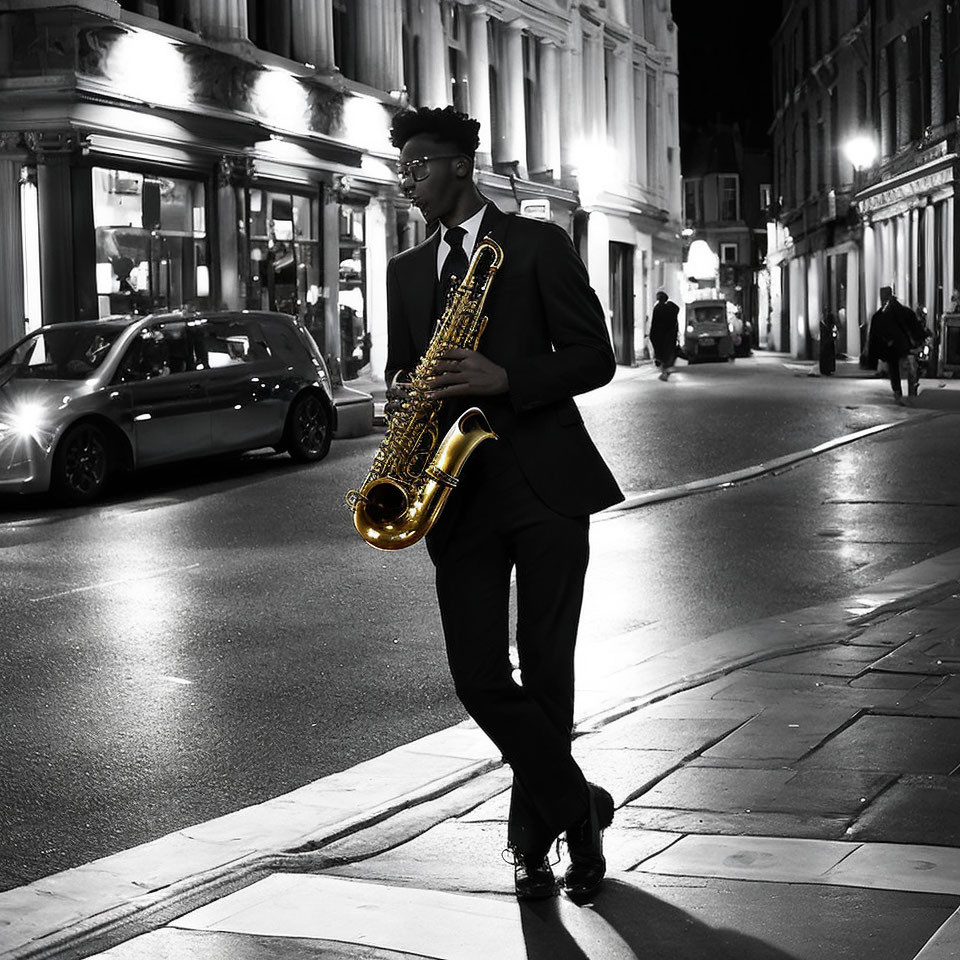 Saxophonist in suit plays music at night on urban street