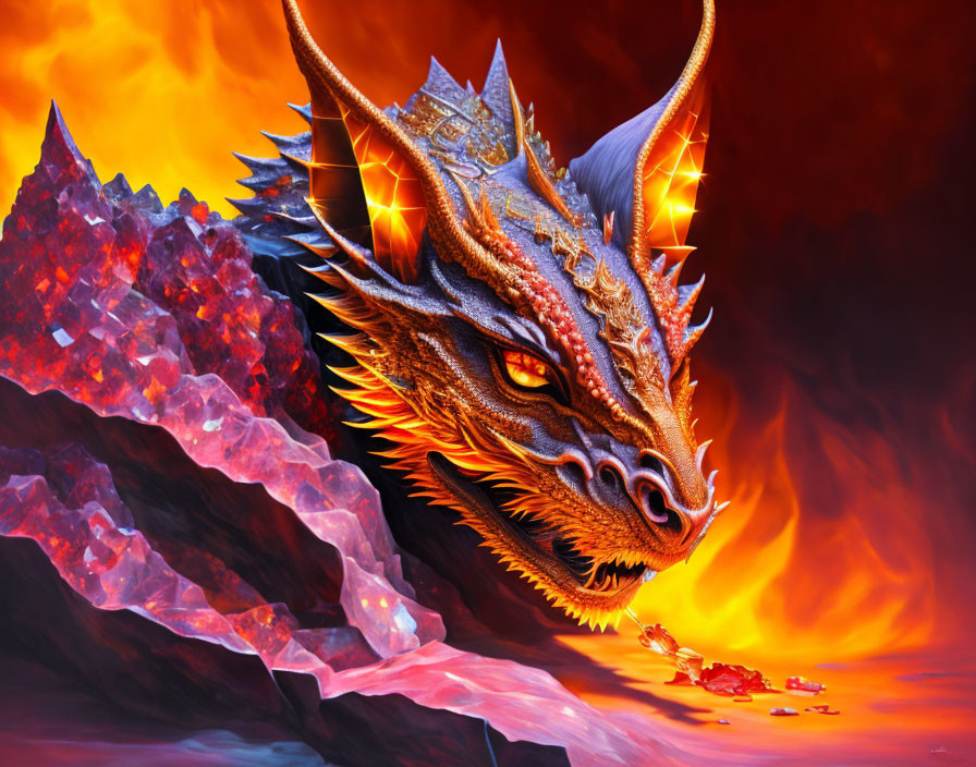 Fiery dragon with golden eyes and horns in molten lava scene