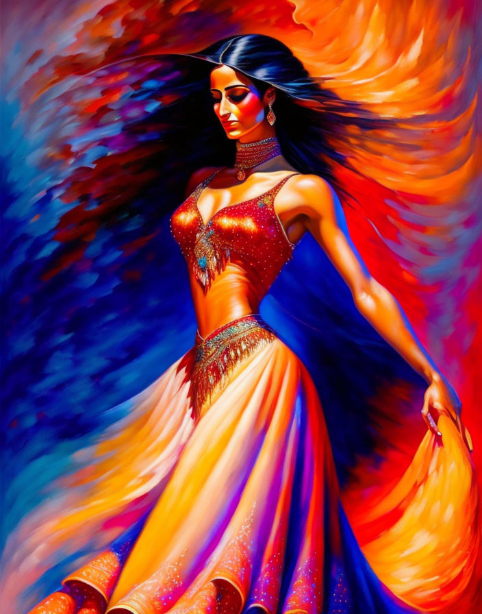 Colorful belly dance attire painting with woman in swirling backdrop