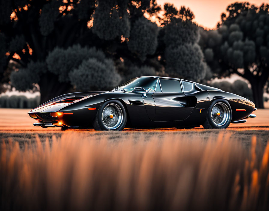 Black Sports Car Parked on Lush Grass at Sunset