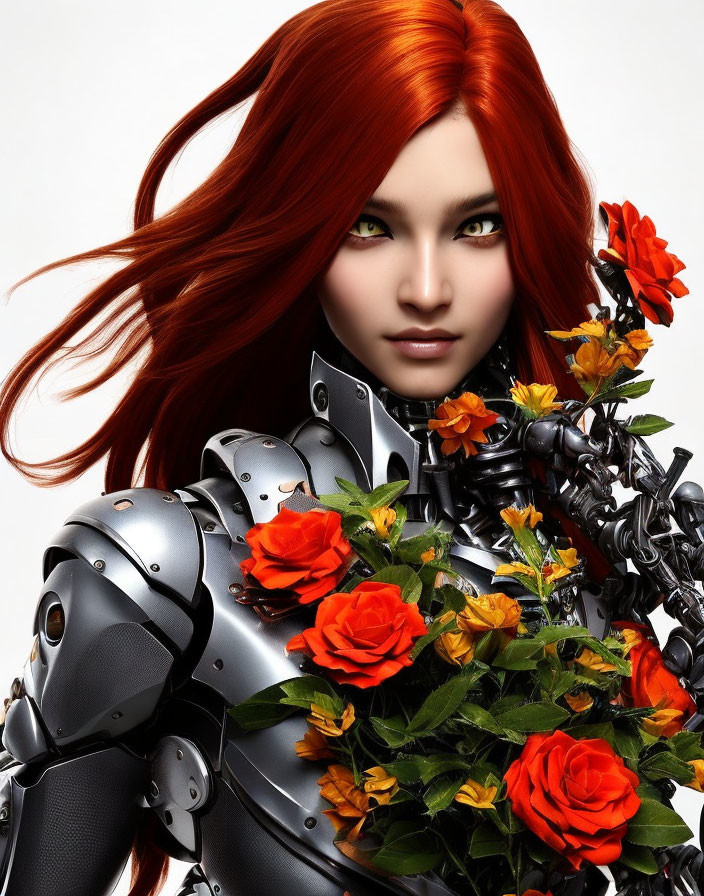 Digital artwork: Female with red hair, green eyes, metallic armor, and orange roses.