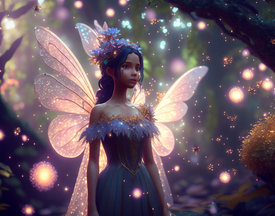 Enchanted forest digital illustration with glowing fairy and magical lights