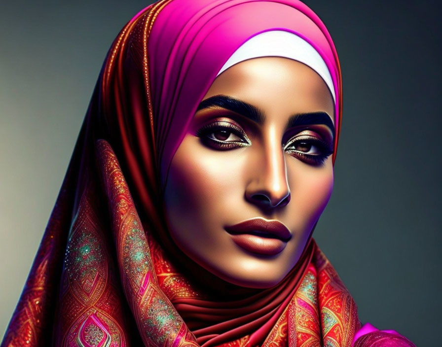 Vibrant red and gold hijab on woman with eyeliner and serene expression