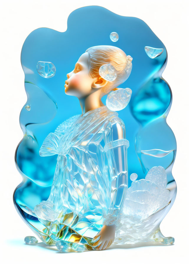 Surreal 3D illustration: Blue translucent girl in crystal surroundings