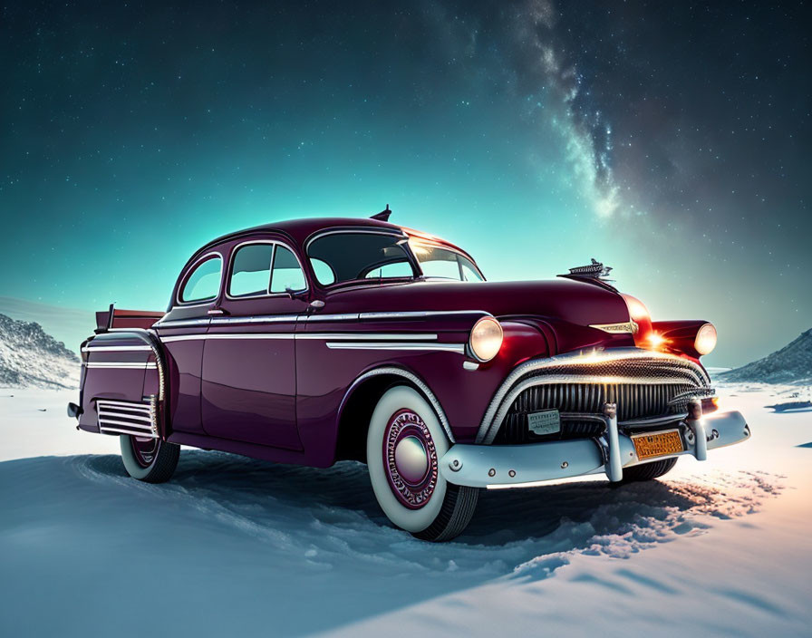 Classic Car Night Scene: Snowy Landscape & Starry Sky