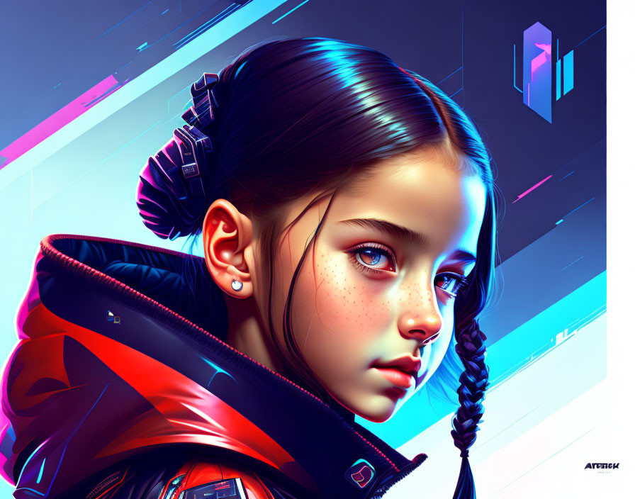 Digital artwork featuring young girl with braided hair and freckles in futuristic jacket against neon cyberpunk