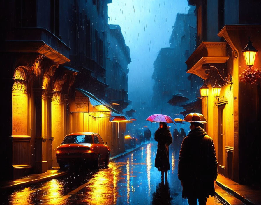 City street scene with rainy night, glowing street lamps, two people with umbrellas, and red car