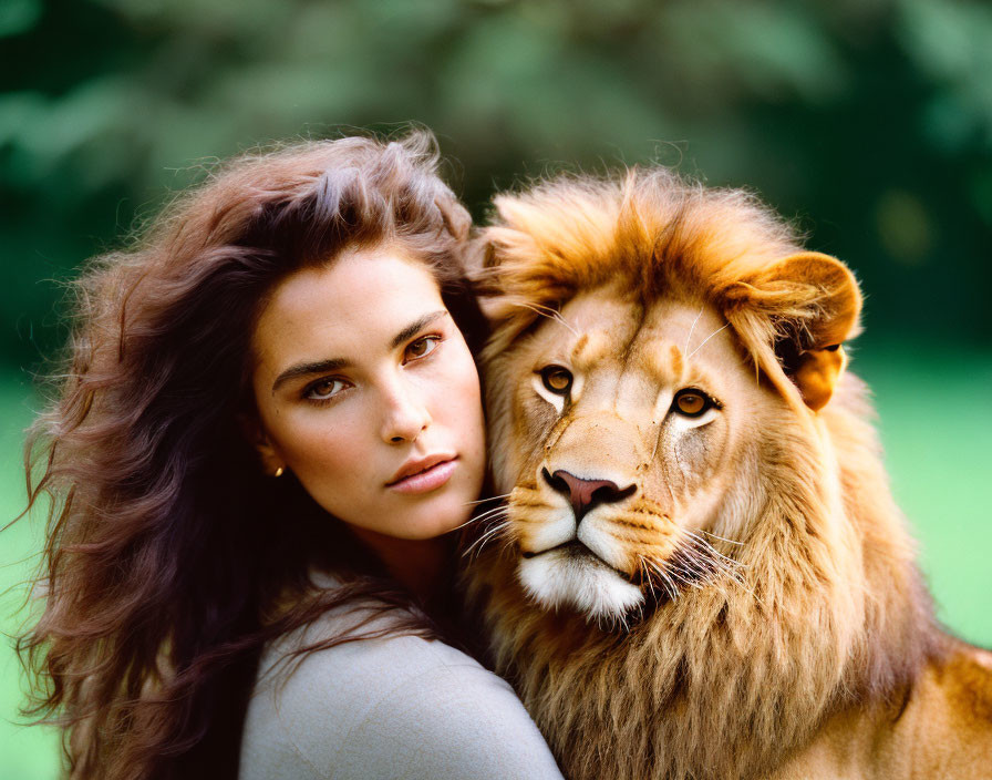 Woman with wavy hair posing confidently with majestic lion in green backdrop