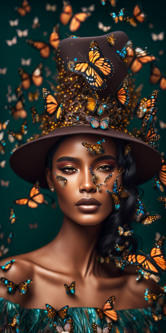 Woman with Striking Makeup and Butterfly-Adorned Hat Surrounded by Orange Butterflies on Green