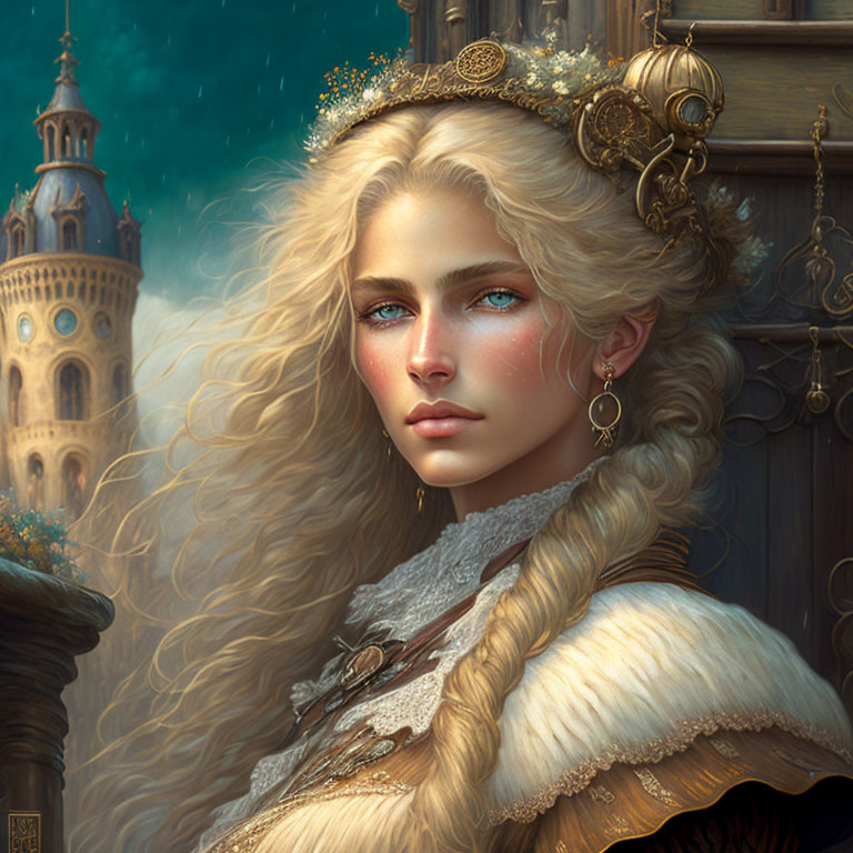 Regal woman with long blonde hair and golden crown against grand tower