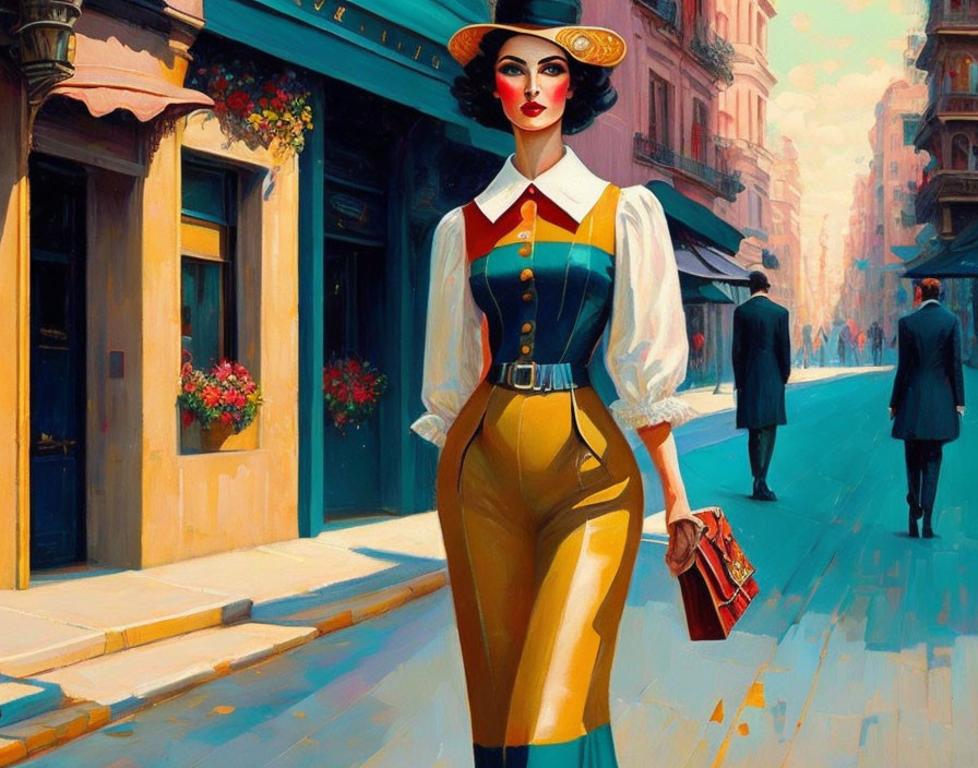 Vintage attire woman painting in city street scene