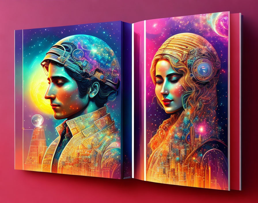 Male and female figures merge with cosmic and architectural elements on vibrant book cover.