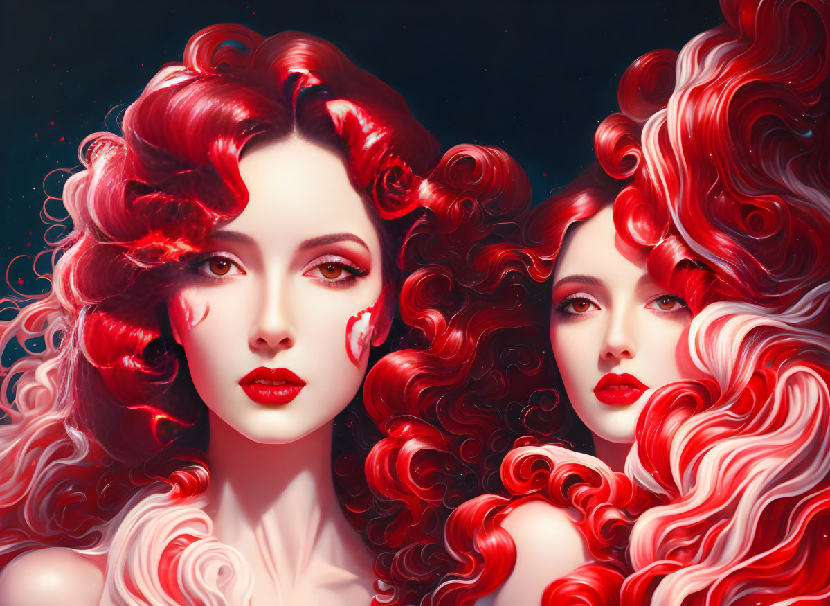 Two Women with Vibrant Red Curly Hair on Dark Background