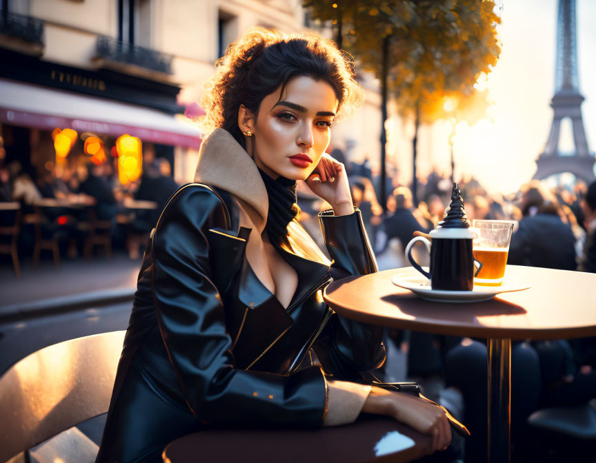 Stylish woman in chic coat at Parisian café with Eiffel Tower view