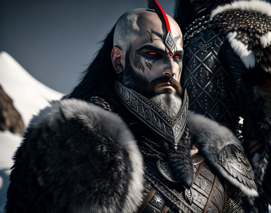 Warrior with face paint and red eyes in front of icy mountain