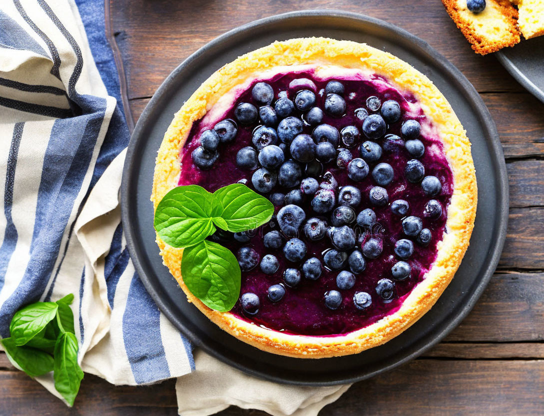 Blueberry Tart with Fresh Blueberries on Black Plate, Basil Leaves, and Striped Napkin on