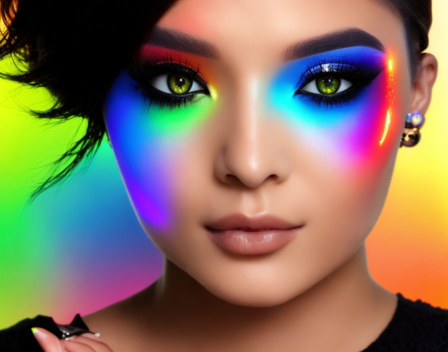 Person's Portrait with Vibrant Rainbow Lighting and Modern Neutral Makeup