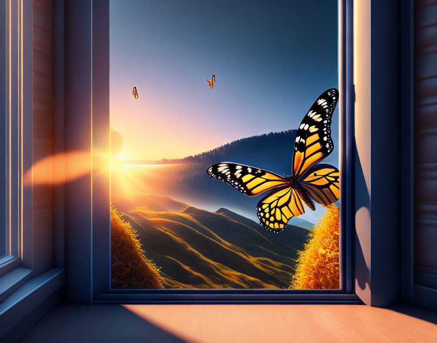 Colorful butterfly by window overlooking sunrise-lit hills.